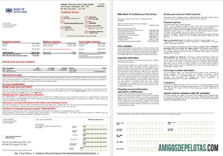 Extrato de hipoteca do Banco da Escócia do Reino Unido em formatos Word e PDF, 2 páginas exemplo real
